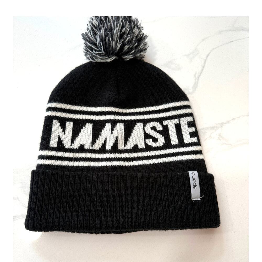 Namaste Beanie Apana Black White Pom Pom Fold-Over Knit Yoga Winter Hat One Size